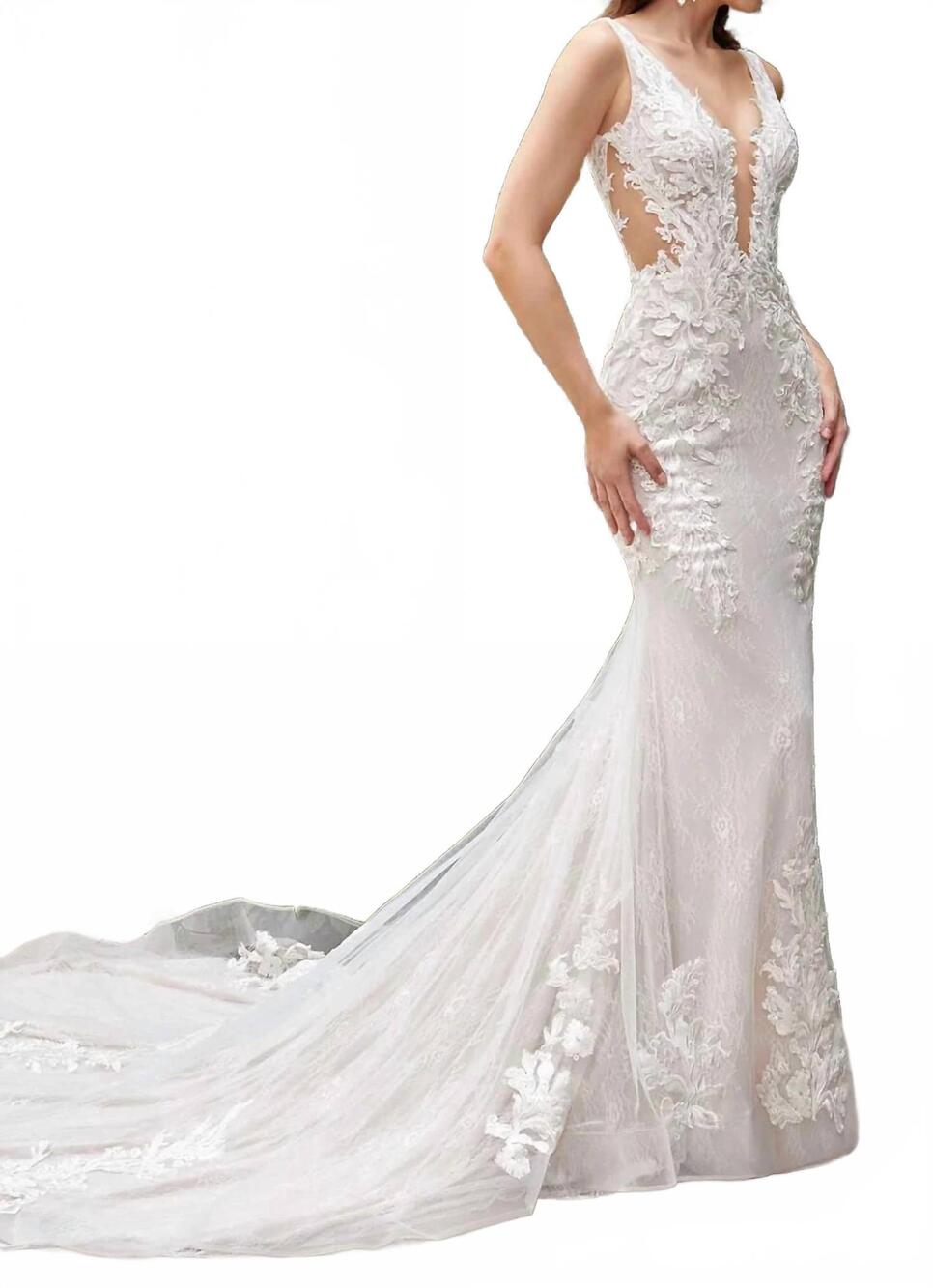 NEW ANDREA & LEO COUTURE avery nude illusion lace wedding dress in ivory/champag